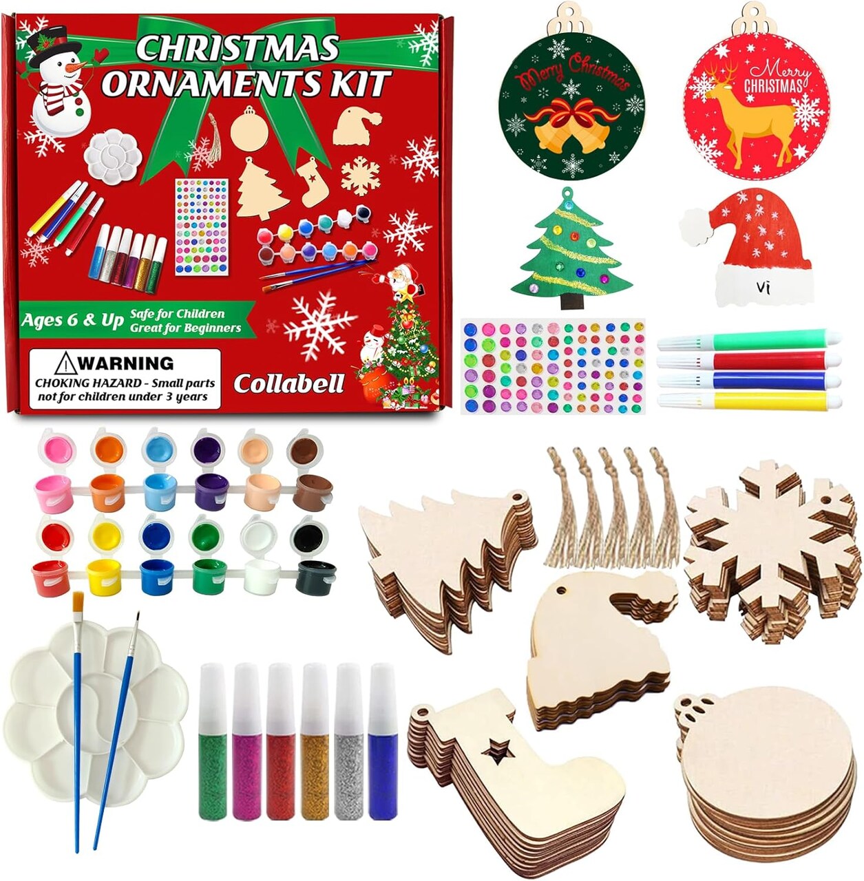 Christmas Wooden Painting Craft Kit, Paint Your Own Xmas Ornaments, Unfinished Wood Slices Christmas Crafts for Kids Adults, Art and Craft Supplies for Christmas Tree Hanging Decorations